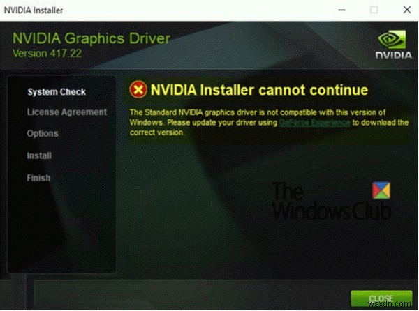 NVIDIA Installer ไม่สามารถดำเนินการต่อบน Windows 11/10 