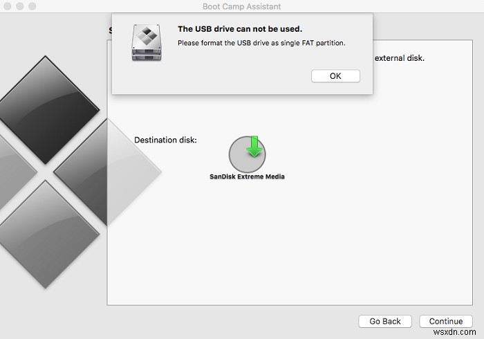 โปรดฟอร์แมตไดรฟ์ USB เป็นพาร์ติชัน FAT เดียว:Boot Camp Assistant 