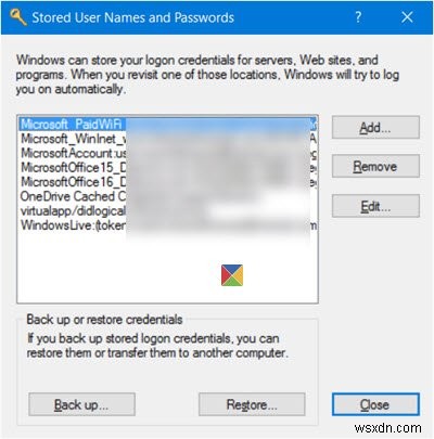 ค้นหา เพิ่ม ลบ แก้ไข สำรองข้อมูล กู้คืนชื่อผู้ใช้และรหัสผ่านที่จัดเก็บใน Windows 11/10 