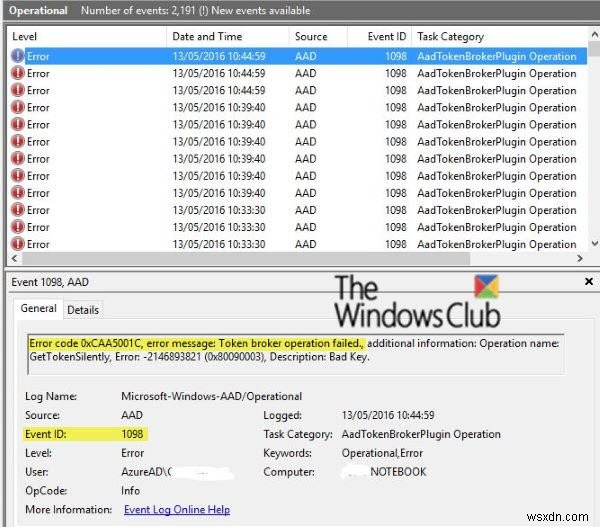 รหัสเหตุการณ์ 1098:ข้อผิดพลาด 0xCAA5001C การดำเนินการนายหน้าโทเค็นล้มเหลวใน Windows 10 