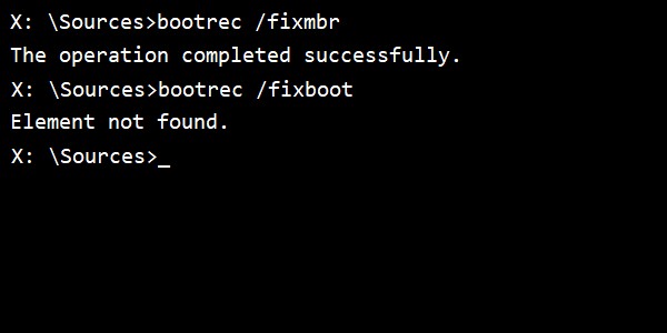 แก้ไขข้อผิดพลาด Element Not Found สำหรับ Bootrec / Fixboot บน Windows 11/0 
