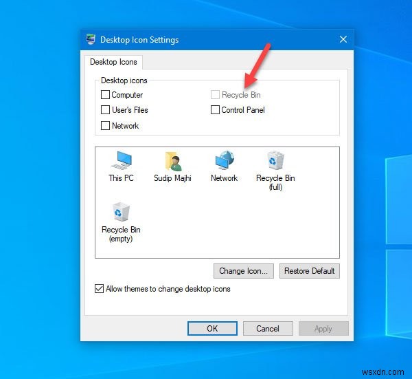 ถังรีไซเคิลเป็นสีเทาในการตั้งค่าไอคอนเดสก์ท็อปใน Windows 10 