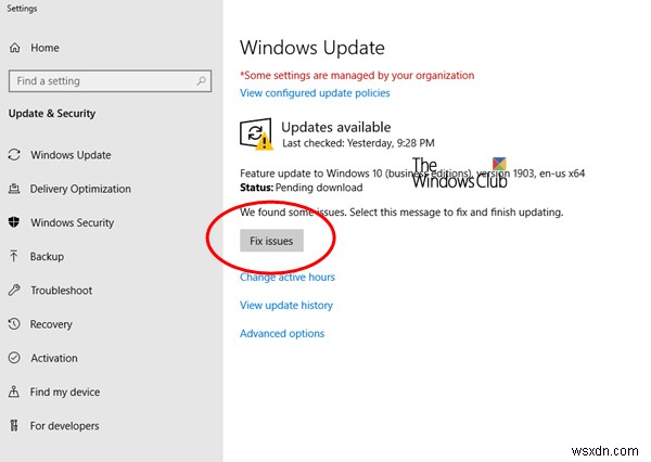 ปุ่มแก้ไขปัญหาในหน้า Windows Update 