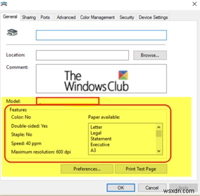 ไม่มีส่วนคุณสมบัติคุณสมบัติของเครื่องพิมพ์ใน Windows 10 