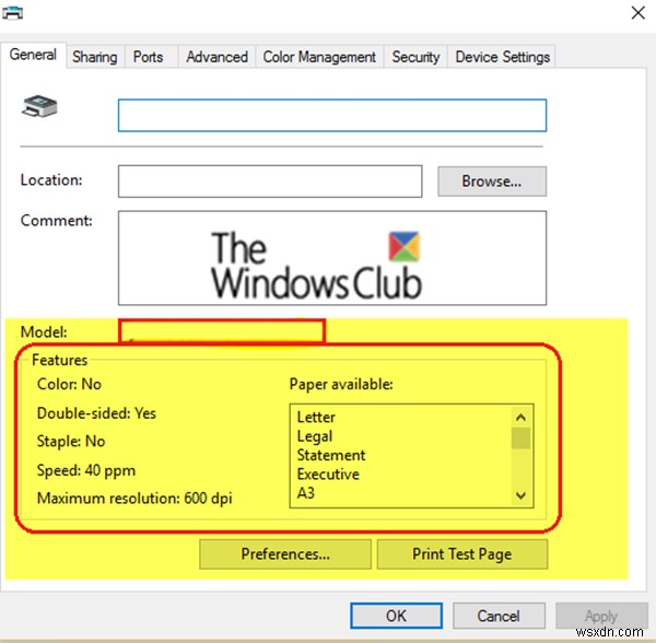 ไม่มีส่วนคุณสมบัติคุณสมบัติของเครื่องพิมพ์ใน Windows 10 