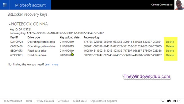 วิธีลบ BitLocker Recovery Key จาก OneDrive ใน Windows 10 
