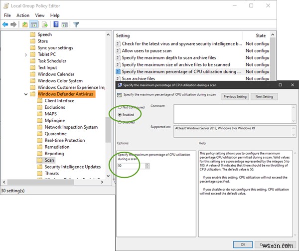 วิธีจำกัดหรือตั้งค่าการใช้งาน CPU สูงสุดสำหรับ Windows Defender Scan 