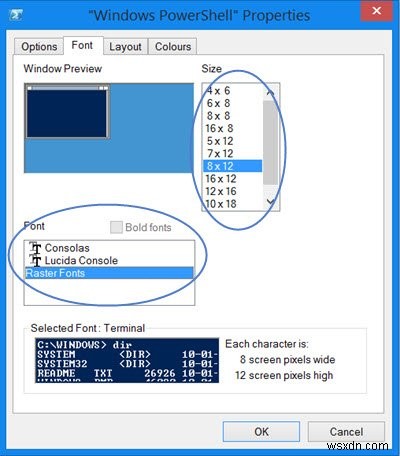 แบบอักษรและหน้าต่าง Windows PowerShell มีขนาดเล็กเกินไป 