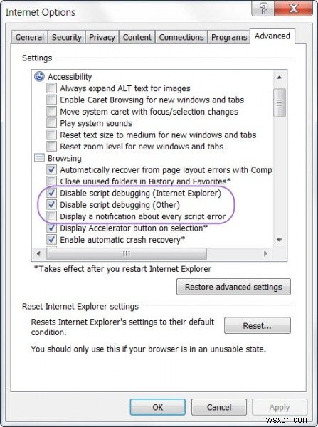 ปิดใช้งาน Script Errors &Runtime Error Messages ในคอมพิวเตอร์ Windows 