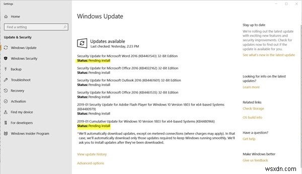 สถานะ Windows Update รอการติดตั้งหรือดาวน์โหลด กำลังเตรียมใช้งาน กำลังดาวน์โหลด กำลังติดตั้ง รอการติดตั้ง 