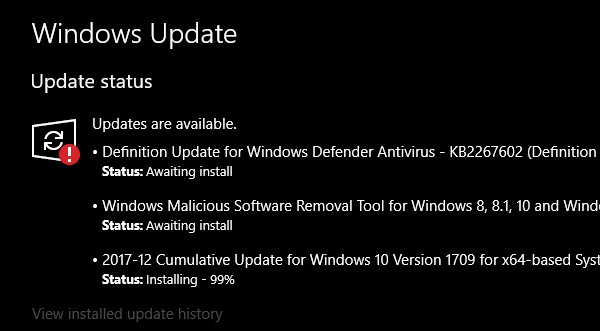 สถานะ Windows Update รอการติดตั้งหรือดาวน์โหลด กำลังเตรียมใช้งาน กำลังดาวน์โหลด กำลังติดตั้ง รอการติดตั้ง 