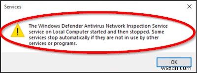 บริการตรวจสอบเครือข่าย Windows Defender Antivirus เริ่มทำงานแล้วหยุดลง 