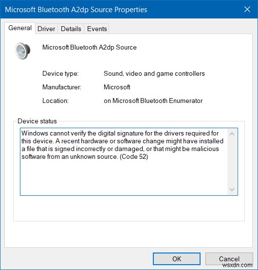 Microsoft Bluetooth A2dp Source ทำงานไม่ถูกต้อง (รหัส 52) 
