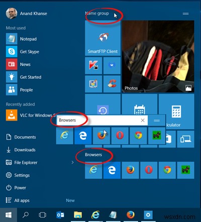 กลุ่มและชื่อกลุ่มไทล์บนเมนูเริ่มของ Windows 10 