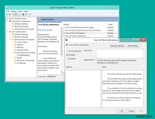 เปิดหรือปิดการแจ้งเตือน Toast สำหรับการใช้งานเครือข่าย, ล็อคหน้าจอ, ไทล์ใน Windows 10 