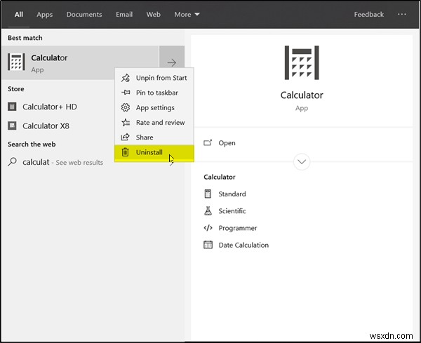วิธีถอนการติดตั้งแอพเครื่องคิดเลขใน Windows 10 