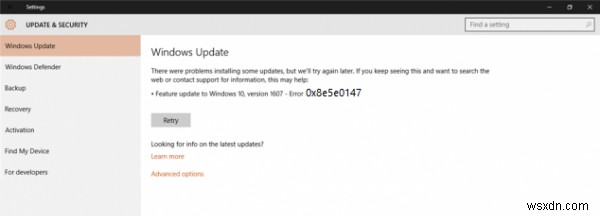 รหัสข้อผิดพลาดของ Windows Update 0x8e5e0147 