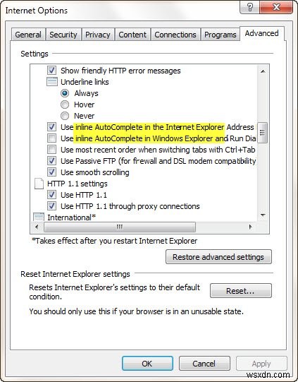 เปิดใช้งาน, ปิดใช้งานการเติมข้อความอัตโนมัติ &การทำให้สมบูรณ์อัตโนมัติแบบอินไลน์ใน Explorer, Run &IE บน Windows 10 