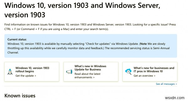 ปัญหาที่ทราบเกี่ยวกับการอัปเดต Windows 10 v1903 เดือนพฤษภาคม 2019 
