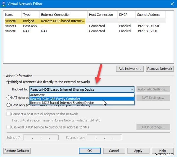 เครือข่าย VMware Bridged ไม่ทำงานหรือตรวจพบใน Windows 10 