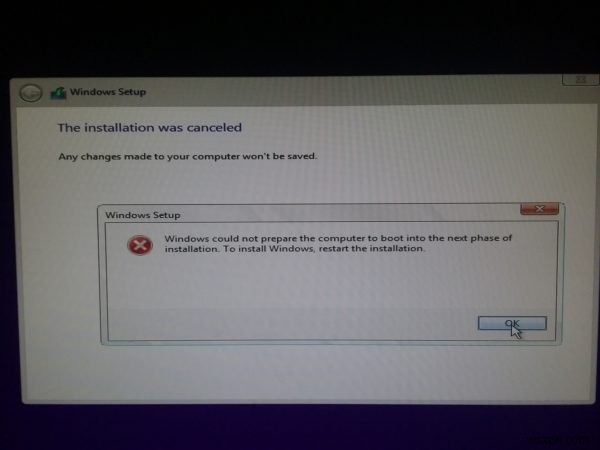 Windows ไม่สามารถเตรียมคอมพิวเตอร์ให้บูตเข้าสู่ขั้นตอนการติดตั้งถัดไปได้ 
