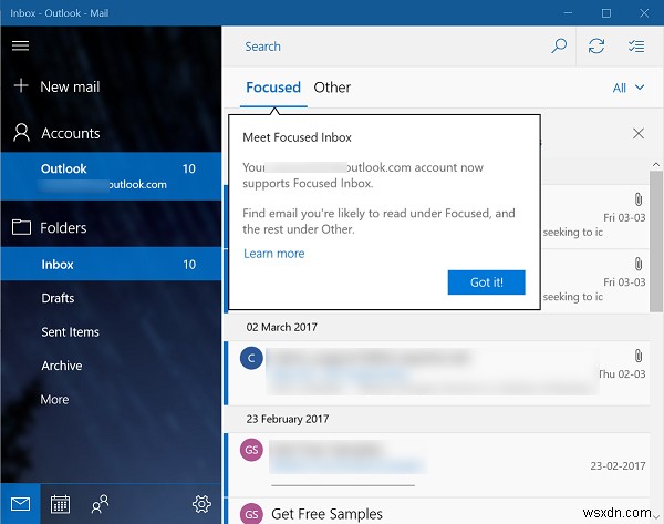 เปิดหรือปิดฟีเจอร์ Focused Inbox ใน Mail App ใน Windows 10 