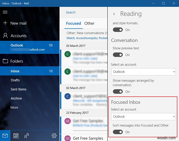 เปิดหรือปิดฟีเจอร์ Focused Inbox ใน Mail App ใน Windows 10 