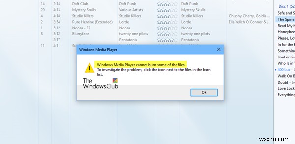 Windows Media Player ไม่สามารถเบิร์นไฟล์บางไฟล์ผิดพลาดขณะเบิร์นไฟล์เสียง 