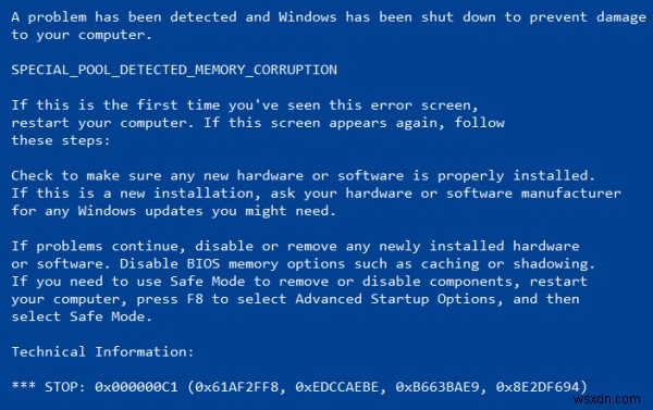 รหัสหยุดการตรวจพบหน่วยความจำพิเศษบน Windows 10 