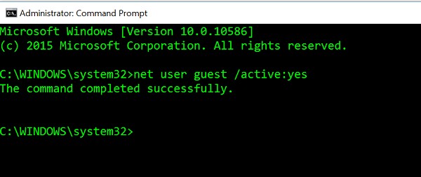 ปิดใช้งาน เปิดใช้งานบัญชีผู้เยี่ยมชมใน Windows 10 โดยใช้ Command Prompt 