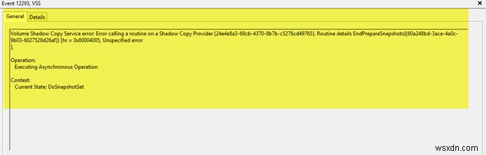 ข้อผิดพลาดของบริการ Volume Shadow Copy ในการเรียกรูทีนบน Shadow Copy Provider 