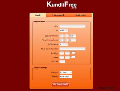 ฟรี Kundli สร้างซอฟต์แวร์และเครื่องมือออนไลน์สำหรับ Windows PC 