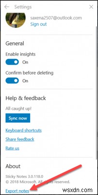 วิธีการส่งออกบันทึกย่อช่วยเตือนไปยัง Outlook.com ใน Windows 10 