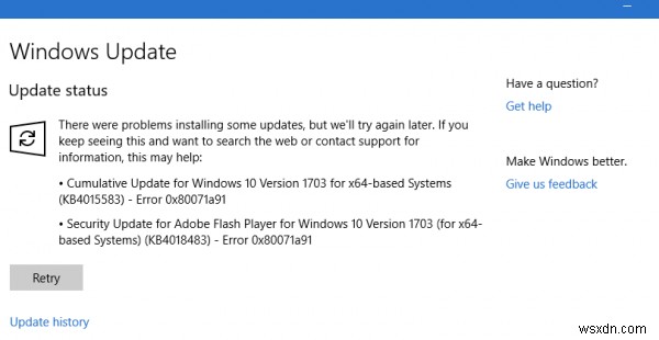 แก้ไขข้อผิดพลาด Windows Update 0x80071a91 