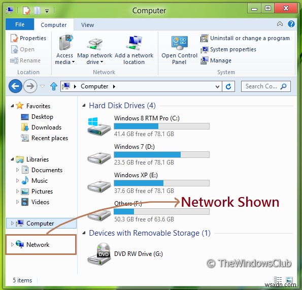 เพิ่มหรือลบเครือข่ายจากบานหน้าต่างนำทางของ Windows File Explorer 