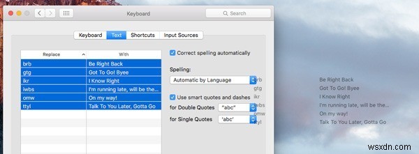 การใช้ทางลัดข้อความบน Mac 