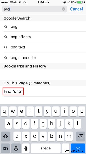 ค้นหาคำบนหน้าใน Safari ของ iOS 