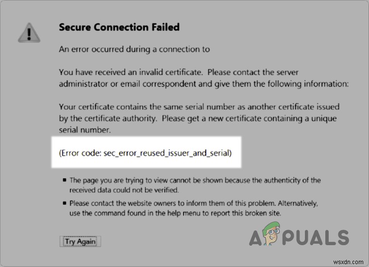 แก้ไข:ข้อผิดพลาด  Sec_Error_Reused_Issuer_And_Serial Warning  บนเบราว์เซอร์ 