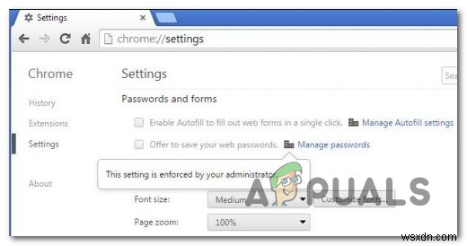 การตั้งค่านี้ถูกบังคับใช้   ข้อผิดพลาดใน Google Chrome 