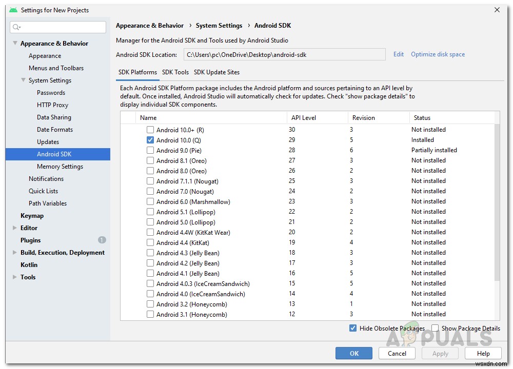 วิธีแก้ไขข้อผิดพลาด  ไม่สามารถค้นหา ADB  บน Android Studio 