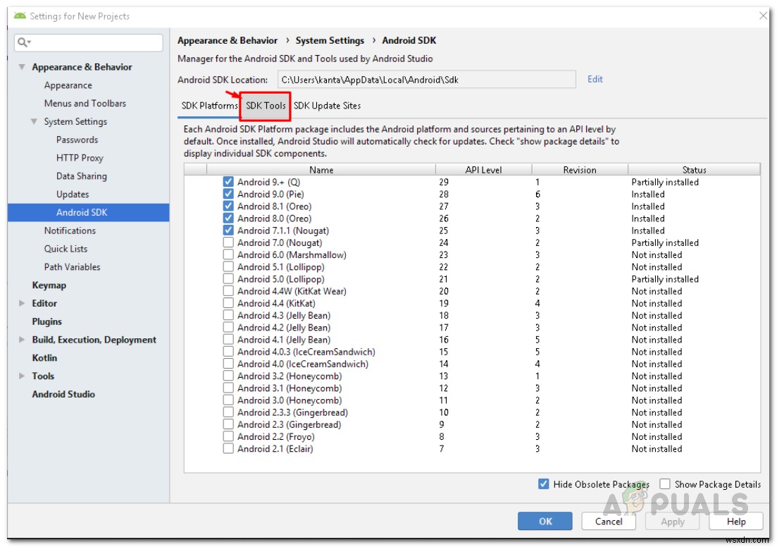 วิธีแก้ไขข้อผิดพลาด  ไม่สามารถค้นหา ADB  บน Android Studio 