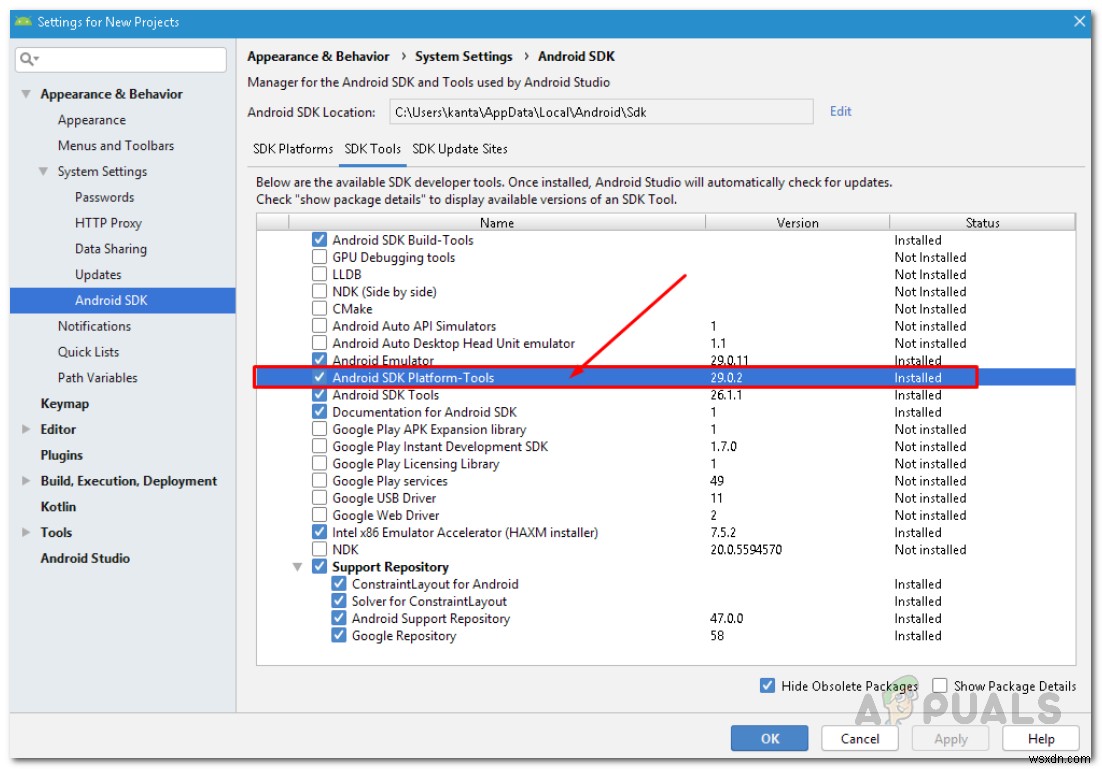 วิธีแก้ไขข้อผิดพลาด  ไม่สามารถค้นหา ADB  บน Android Studio 