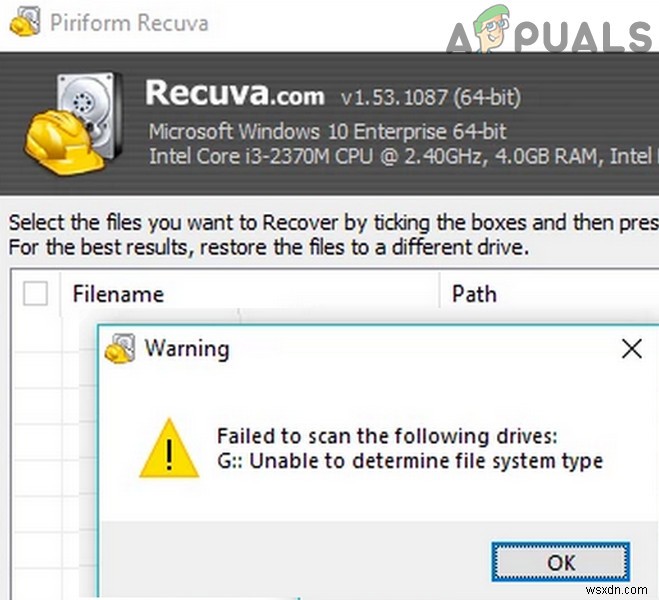 แก้ไข Recuva ไม่สามารถระบุประเภทระบบไฟล์ (ข้อผิดพลาด) 