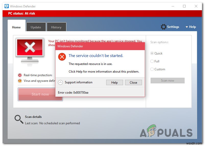 แก้ไขข้อผิดพลาด Widows Defender 0x800700AA ไม่สามารถเริ่มบริการได้ 
