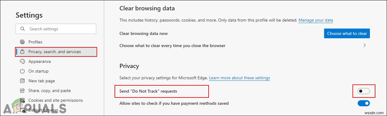 วิธีกำหนดค่าคำขอ  ส่งอย่าติดตาม  สำหรับ Microsoft Edge 