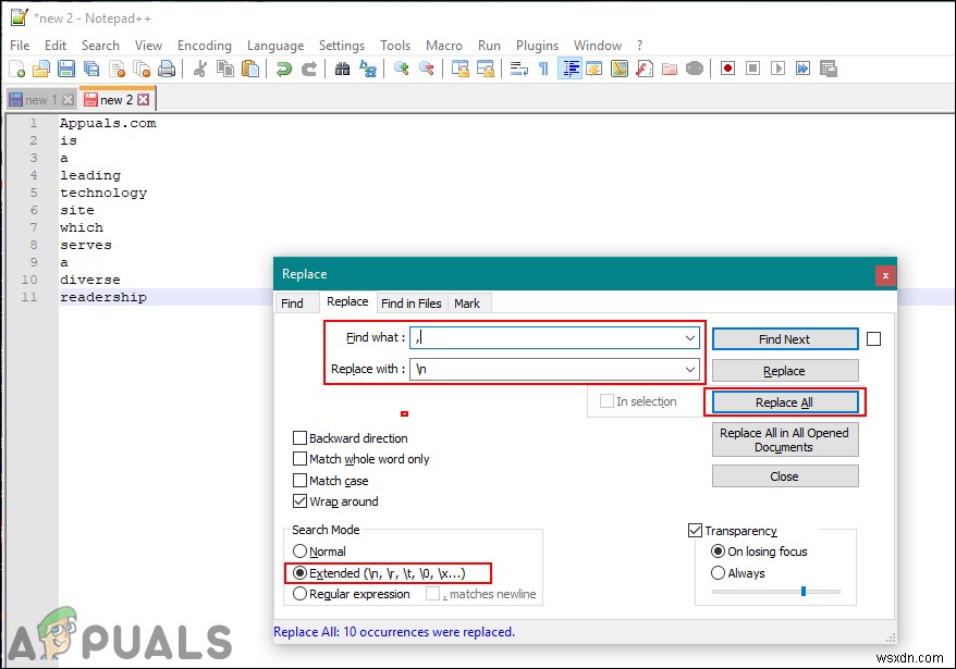 ค้นหาและแทนที่สตริง/อักขระ/สัญลักษณ์ด้วยบรรทัดใหม่ใน Notepad++ 