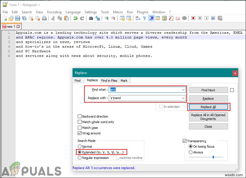 ค้นหาและแทนที่สตริง/อักขระ/สัญลักษณ์ด้วยบรรทัดใหม่ใน Notepad++ 