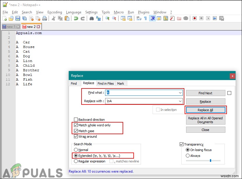 ค้นหาและแทนที่สตริง/อักขระ/สัญลักษณ์ด้วยบรรทัดใหม่ใน Notepad++ 