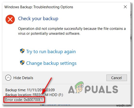 การสำรองข้อมูลของ Windows ล้มเหลวโดยมีรหัสข้อผิดพลาด 0x800700E1 