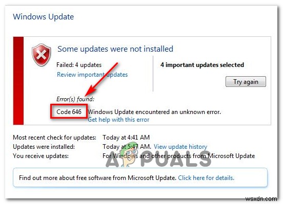 [แก้ไข] รหัสข้อผิดพลาดของ Windows Update 646 